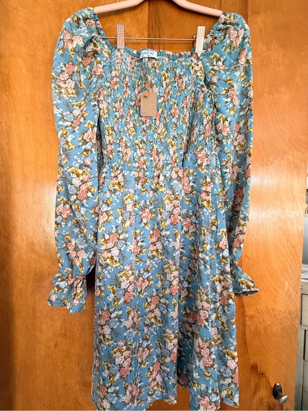 Floral Smocked Blue Long-Sleeve Dress